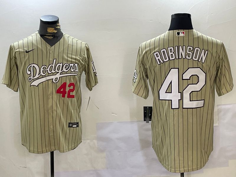 Men Los Angeles Dodgers #42 Robinson Green Stripe Game 2024 Nike MLB Jersey style 2